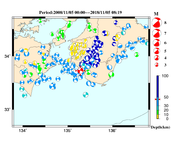 過去に起きた地震の初動発震機構解