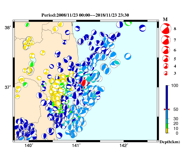 過去に起きた地震の初動発震機構解