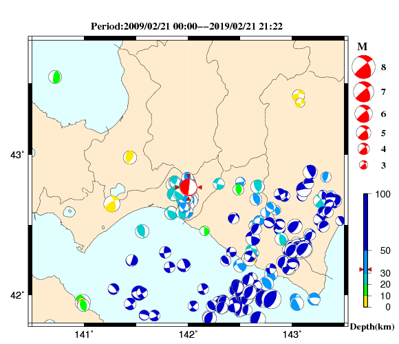 過去に起きた地震の初動発震機構解