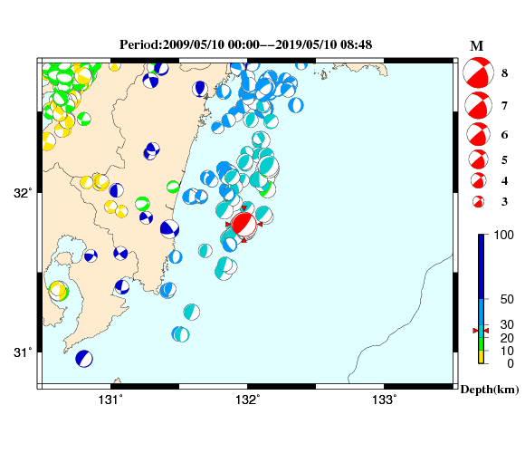 過去に起きた地震の初動発震機構解