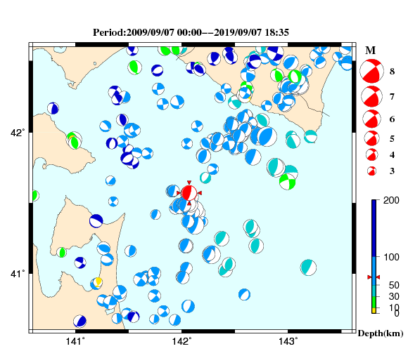 過去に起きた地震の初動発震機構解