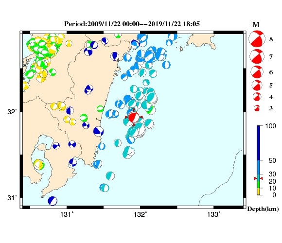 過去に起きた地震の初動発震機構解