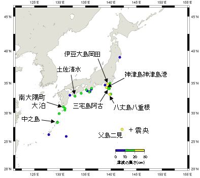 日本国内の検潮所で観測した津波の最大の高さの分布図