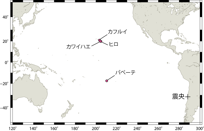 検潮所と震央の位置の図