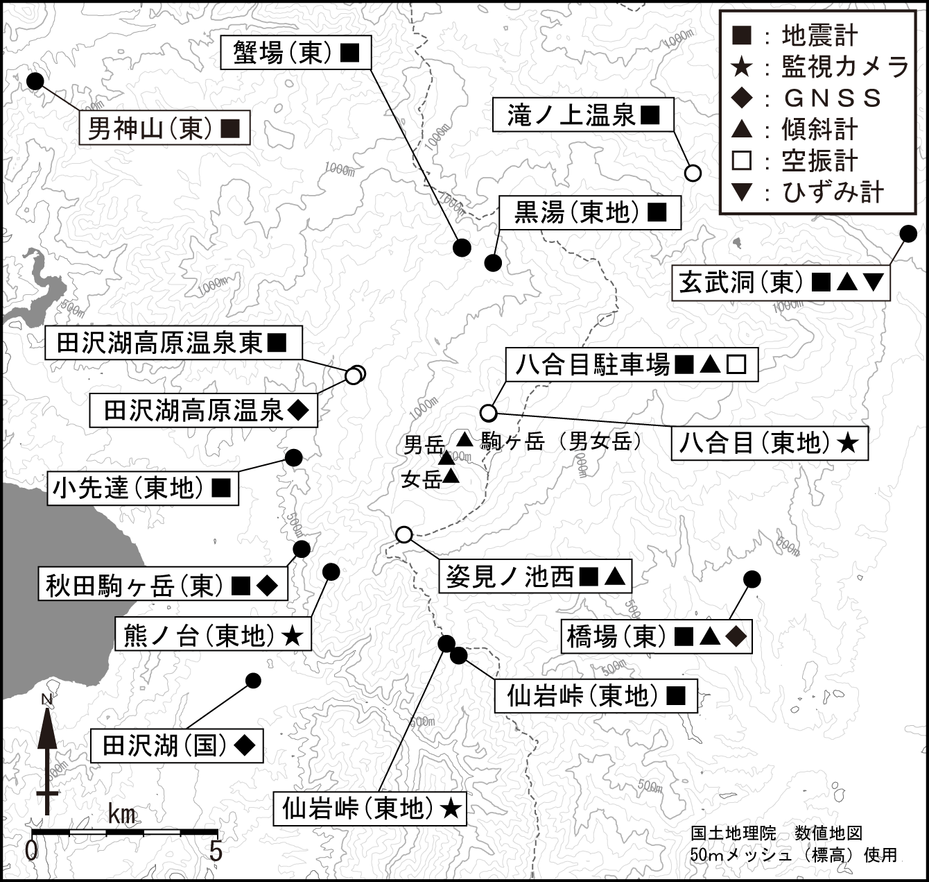 秋田駒ヶ岳　観測点配置図