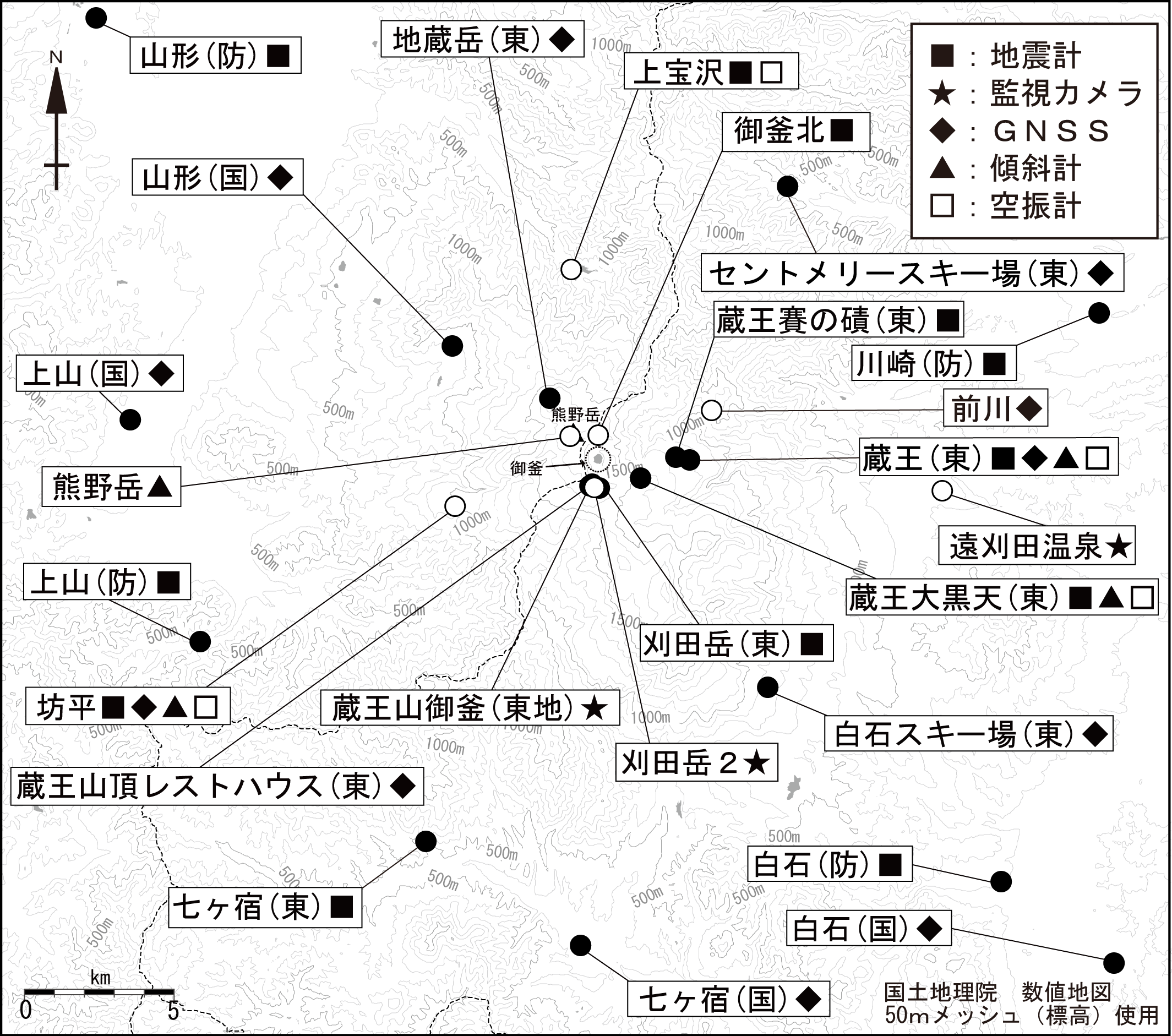 蔵王山　観測点配置図