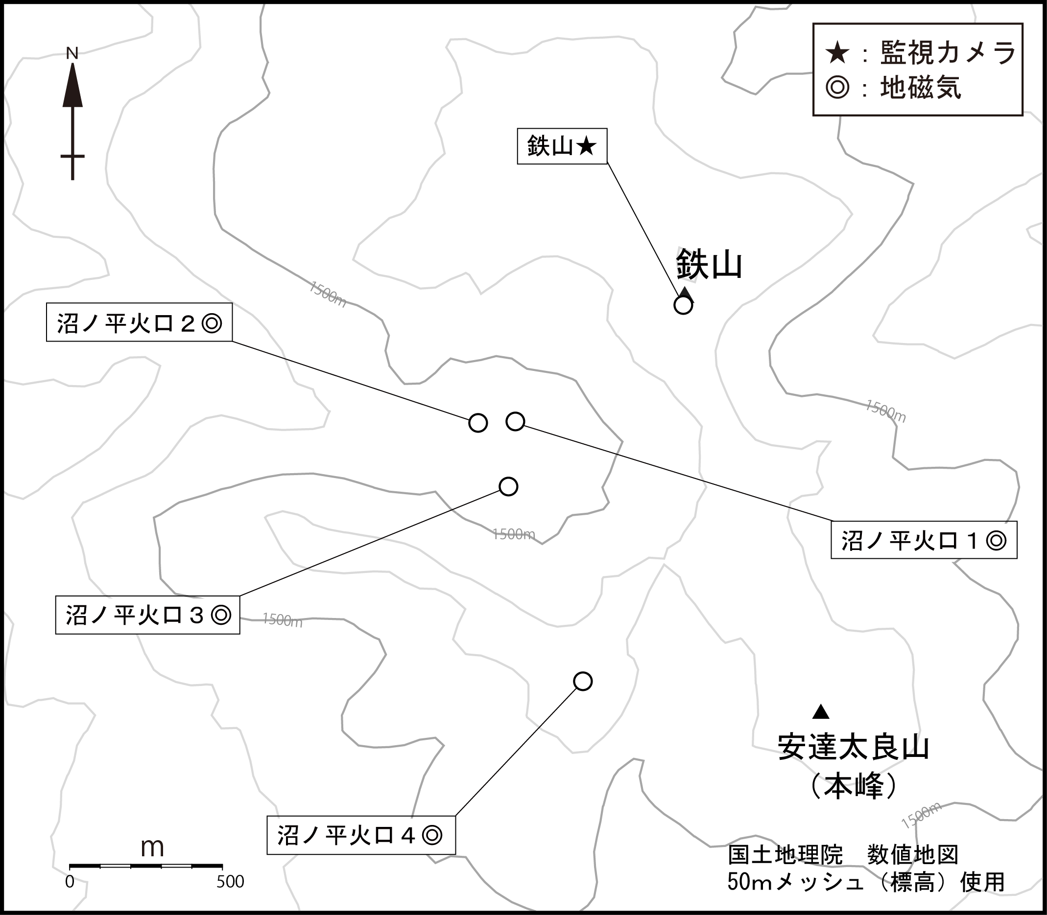 安達太良山観測点配置図