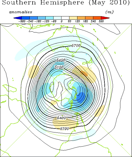 南半球月平均500hPa高度および平年偏差