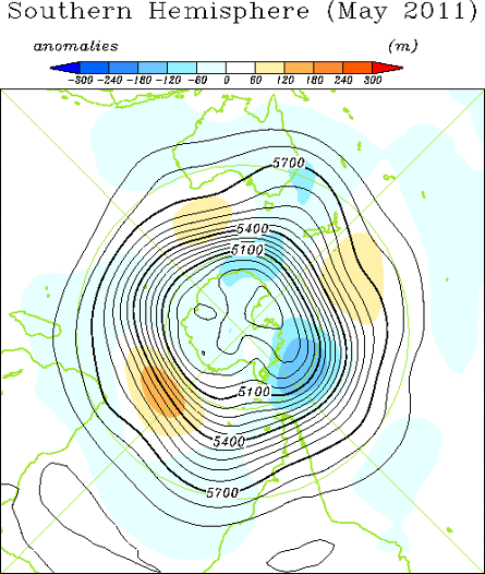 南半球月平均500hPa高度および平年偏差