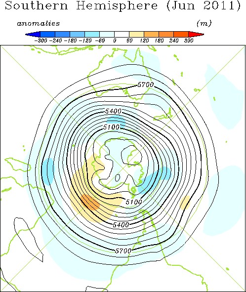南半球月平均500hPa高度および平年偏差