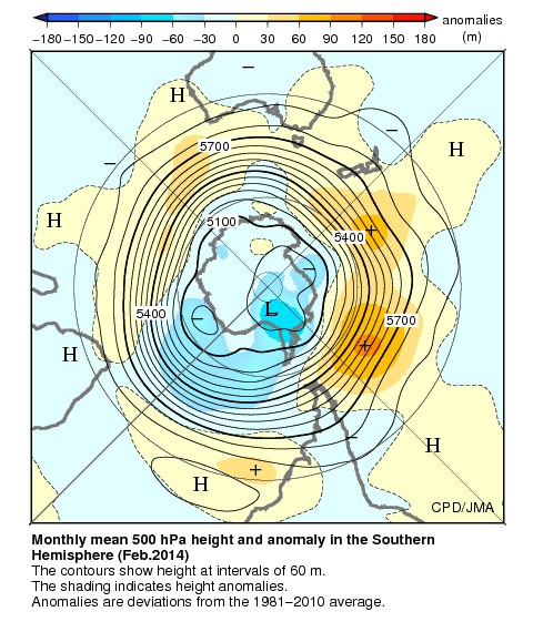 南半球月平均500hPa高度および平年偏差