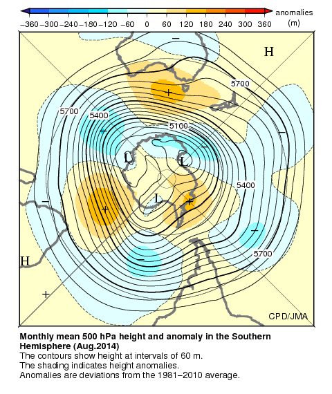 南半球月平均500hPa高度および平年偏差