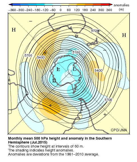 南半球月平均500hPa高度および平年偏差