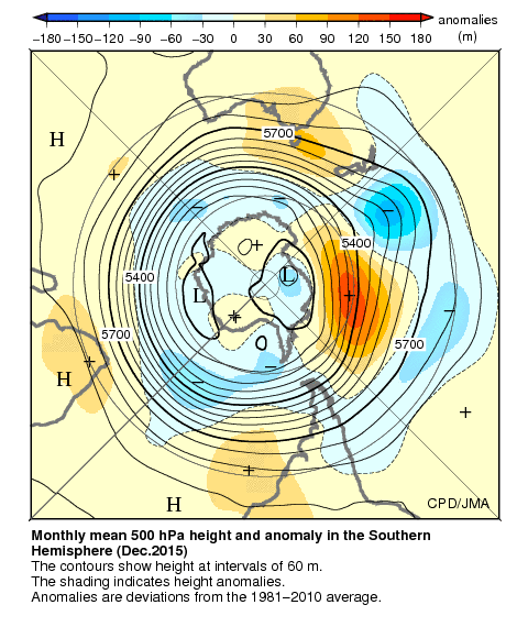 南半球月平均500hPa高度および平年偏差