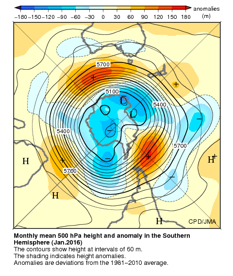 南半球月平均500hPa高度および平年偏差