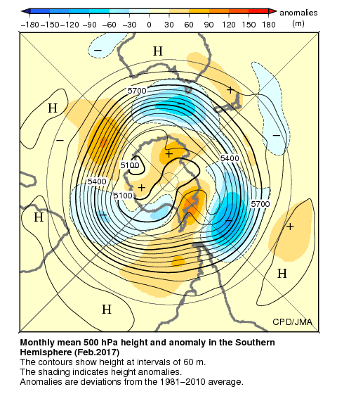 南半球月平均500hPa高度および平年偏差