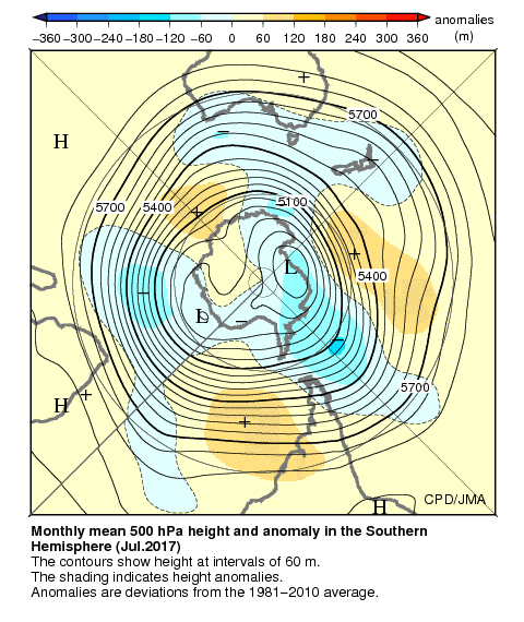 南半球月平均500hPa高度および平年偏差
