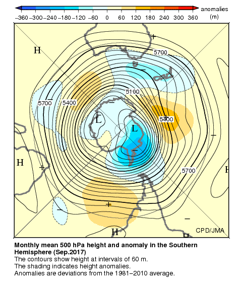 南半球月平均500hPa高度および平年偏差