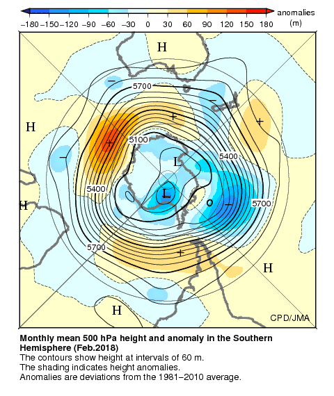 南半球月平均500hPa高度および平年偏差