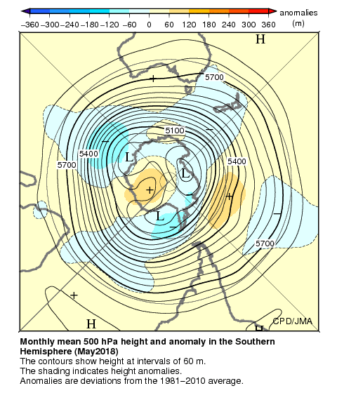 南半球月平均500hPa高度および平年偏差