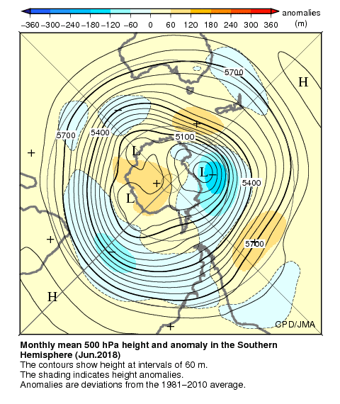 南半球月平均500hPa高度および平年偏差