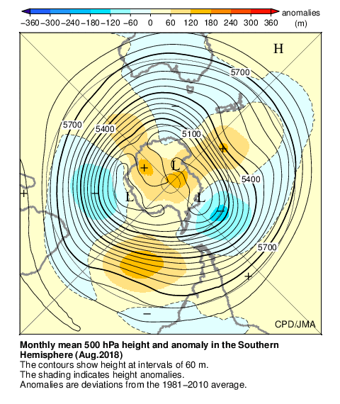南半球月平均500hPa高度および平年偏差