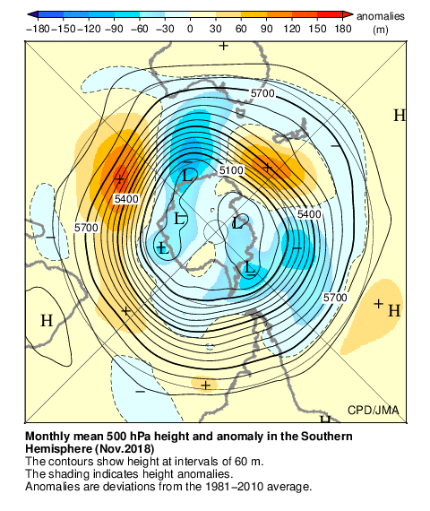 南半球月平均500hPa高度および平年偏差