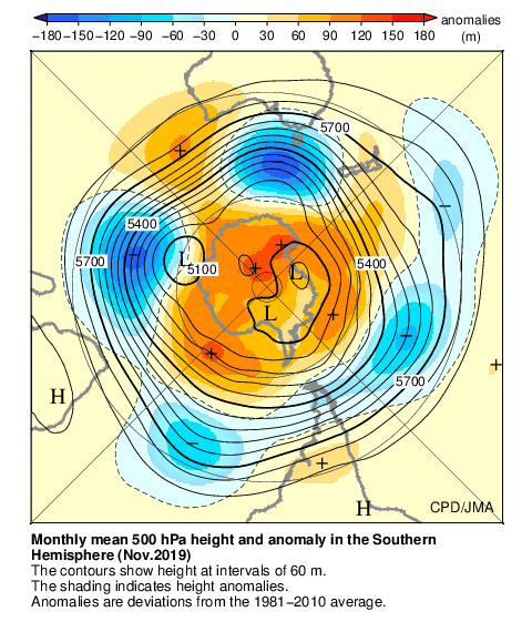 南半球月平均500hPa高度および平年偏差