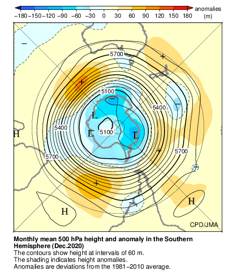 南半球月平均500hPa高度および平年偏差