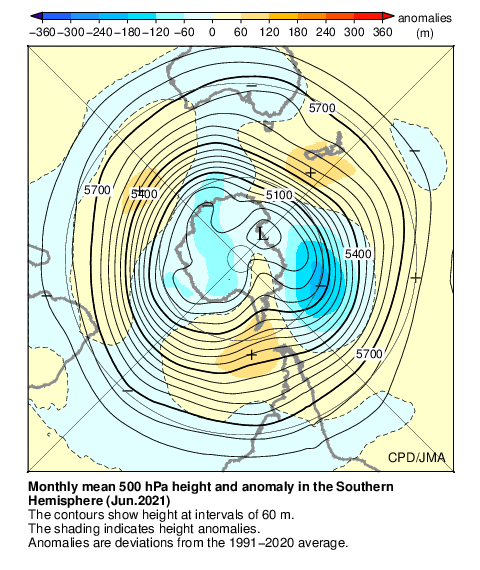 南半球月平均500hPa高度および平年偏差