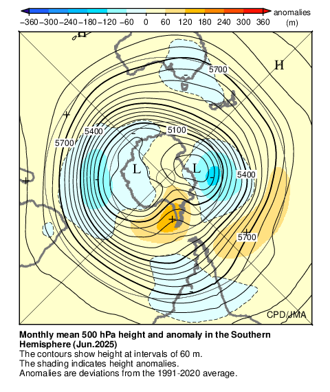 南半球月平均500hPa高度および平年偏差