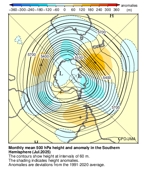 南半球月平均500hPa高度および平年偏差