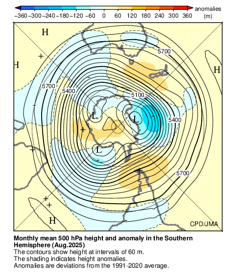 南半球月平均500hPa高度および平年偏差