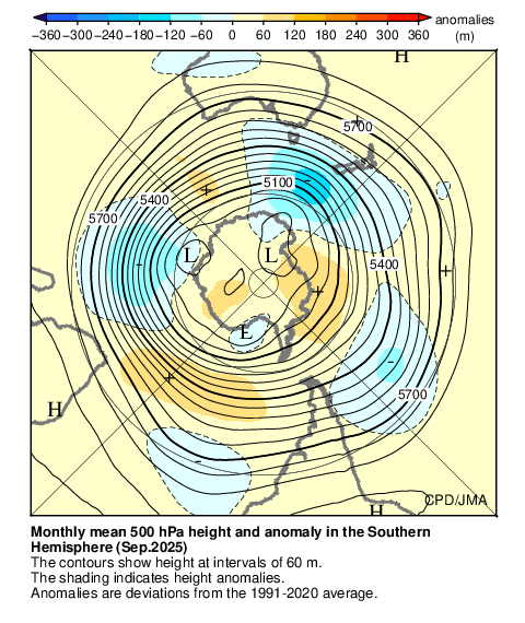 南半球月平均500hPa高度および平年偏差