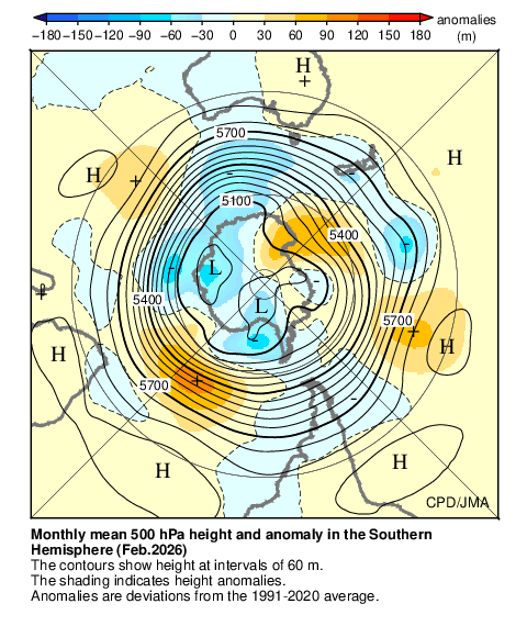 南半球月平均500hPa高度および平年偏差
