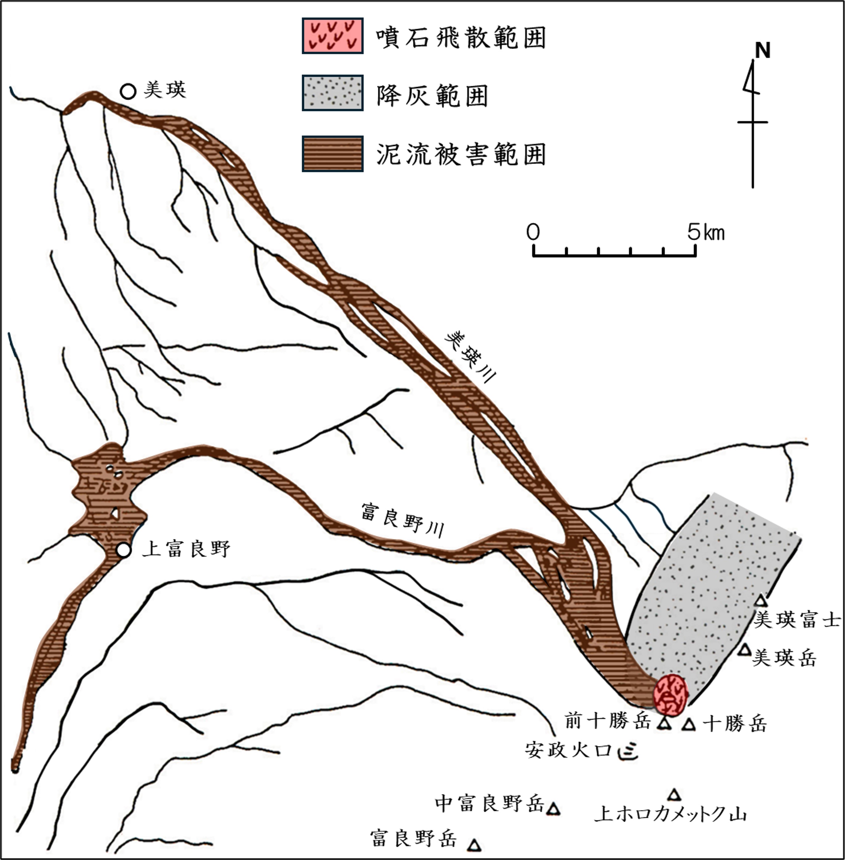 1926年の泥流の概念図（主な流下方向：富良野川・美瑛川系）