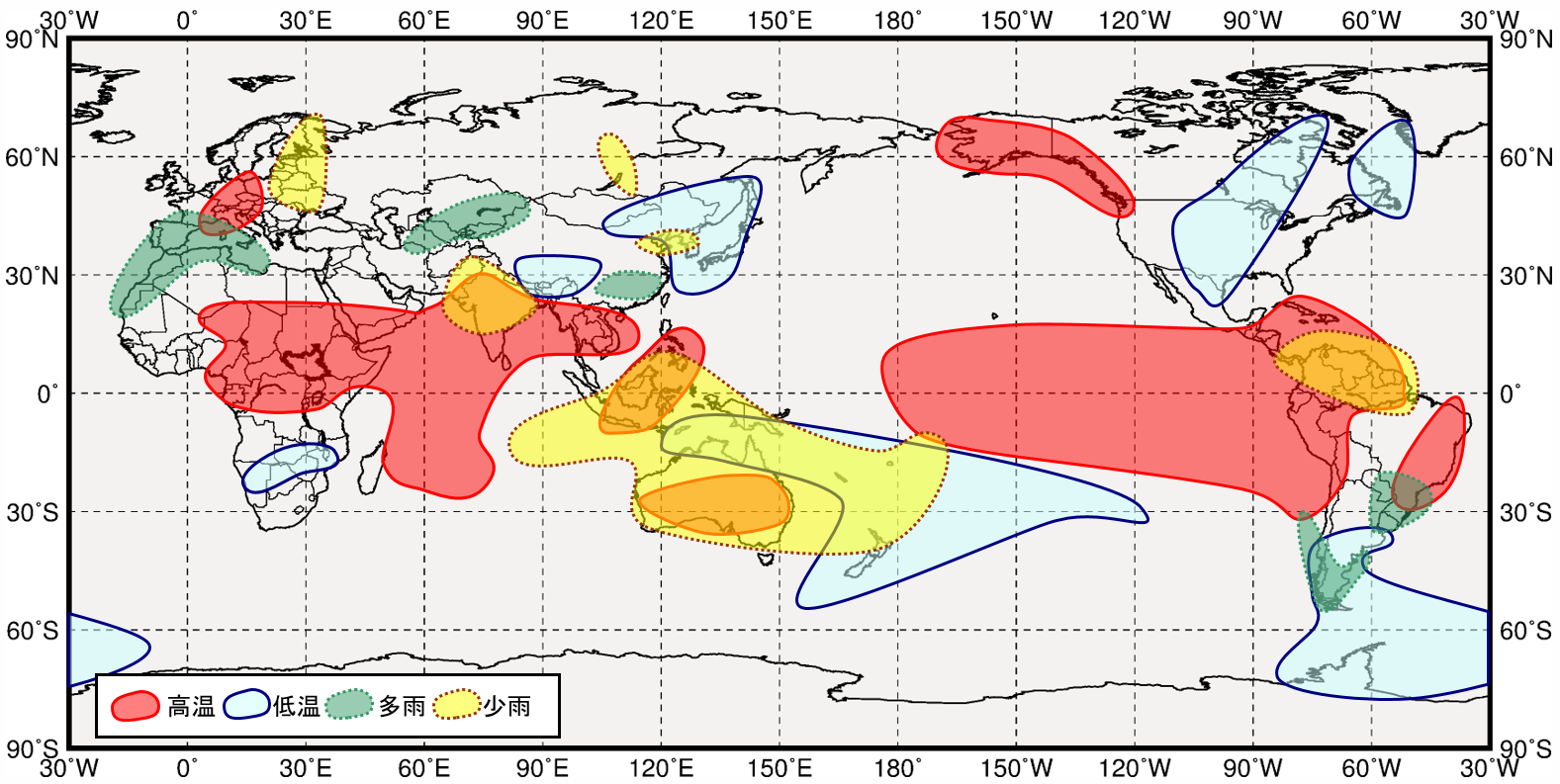 エルニーニョ現象発生時の世界の９月から１１月にかけての気温と降水量の傾向の分布図