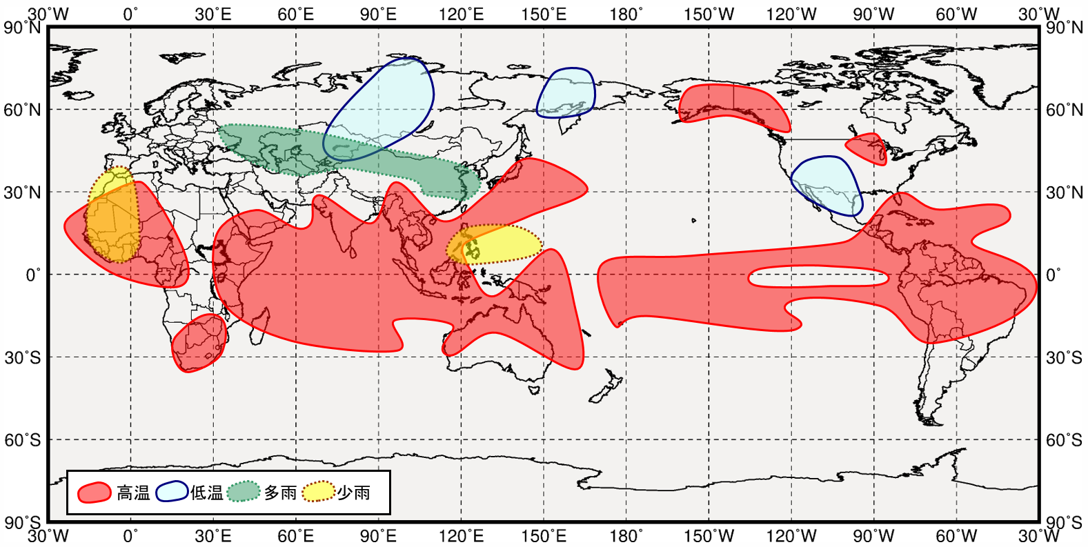 インド洋熱帯域が高温時の世界の3月から5月にかけての気温と降水量の傾向の分布図