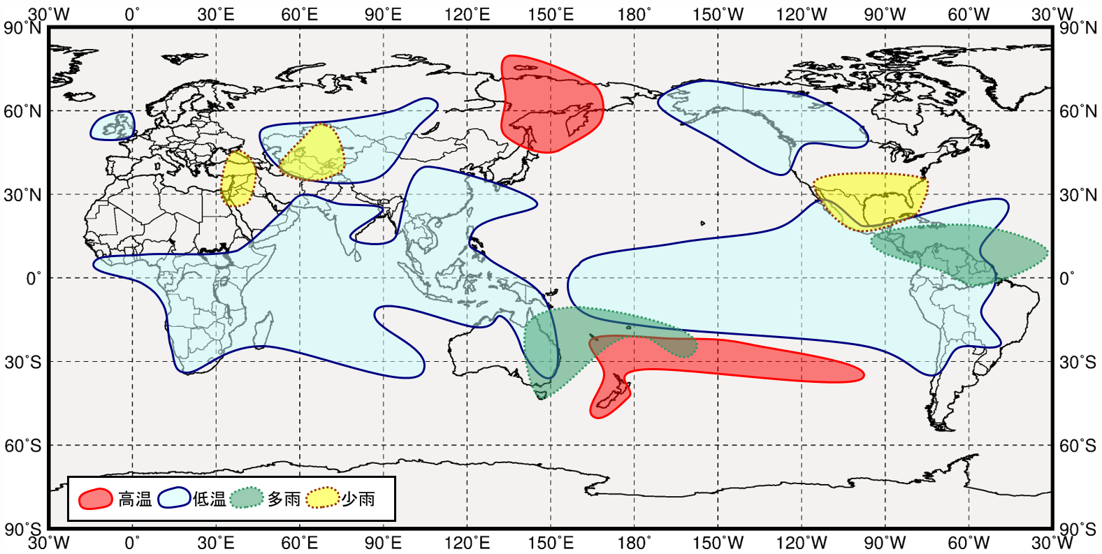 ラニーニャ現象発生時の世界の12月から2月にかけての気温と降水量の傾向の分布図
