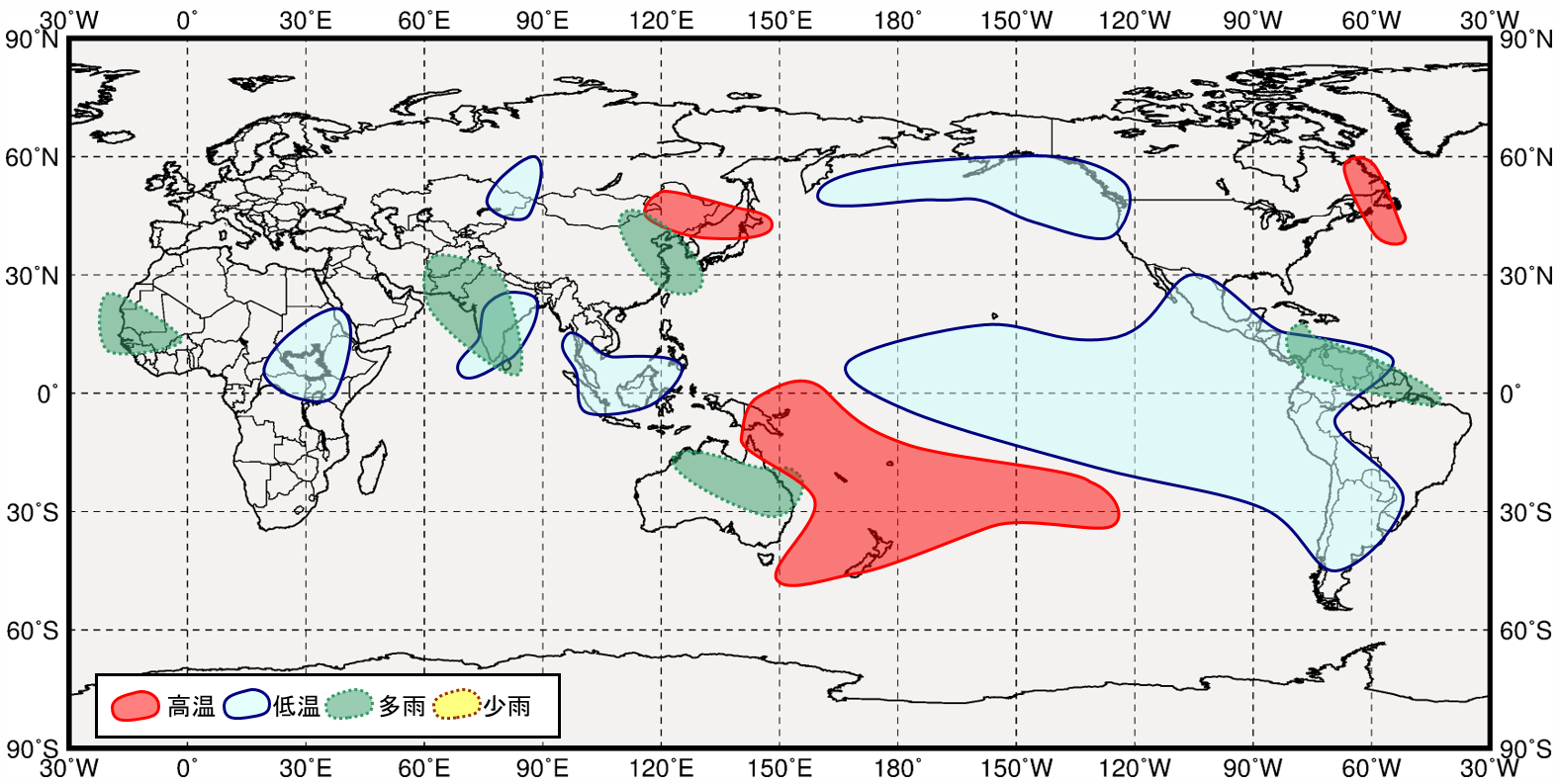 ラニーニャ現象発生時の世界の6月から8月にかけての気温と降水量の傾向の分布図