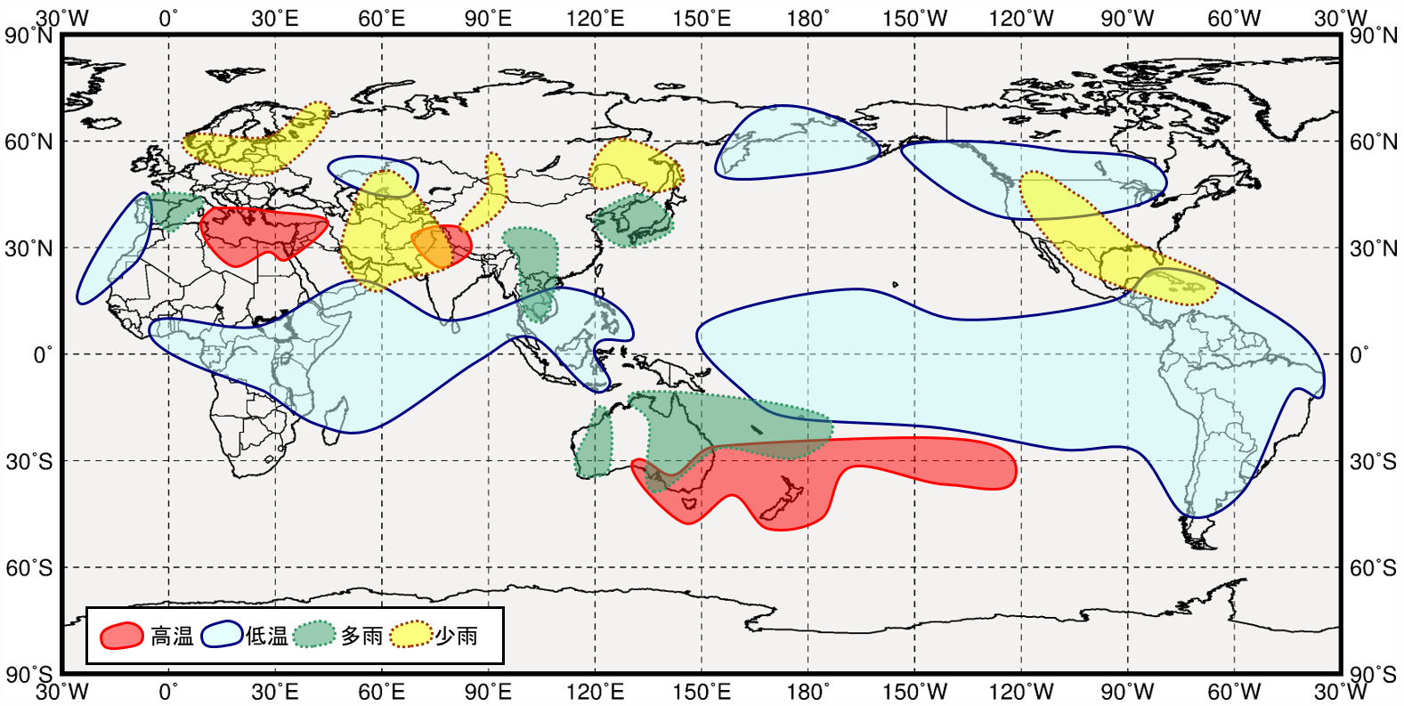 ラニーニャ現象発生時の世界の3月から5月にかけての気温と降水量の傾向の分布図