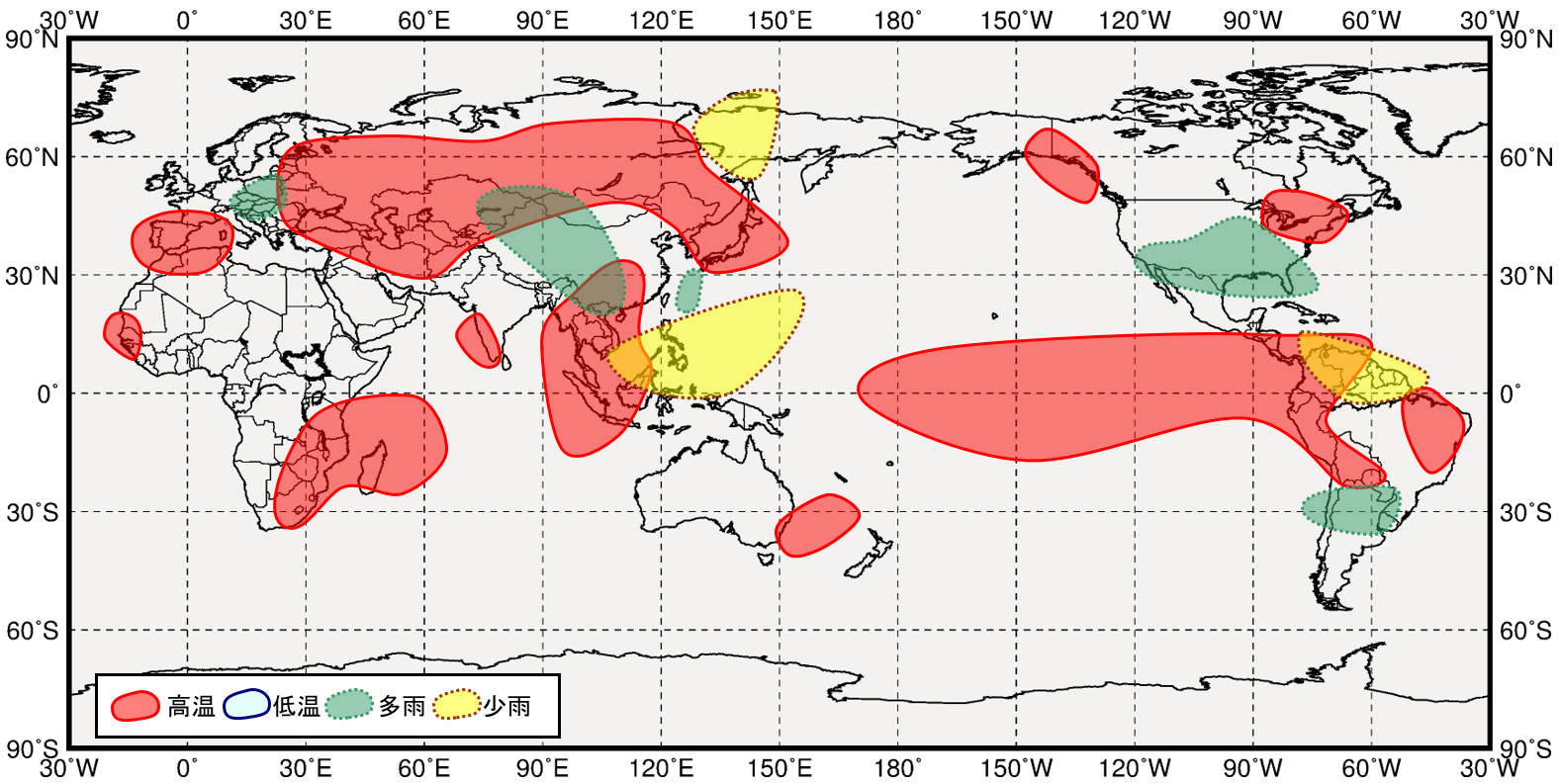 西太平洋熱帯域が低温時の世界の１２月から２月にかけての気温と降水量の傾向の分布図