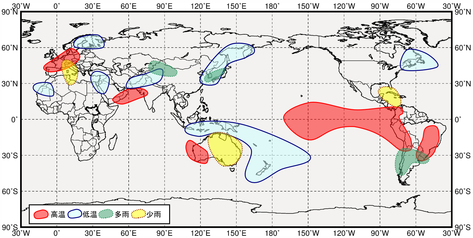 西太平洋熱帯域が低温時の世界の６月から８月にかけての気温と降水量の傾向の分布図