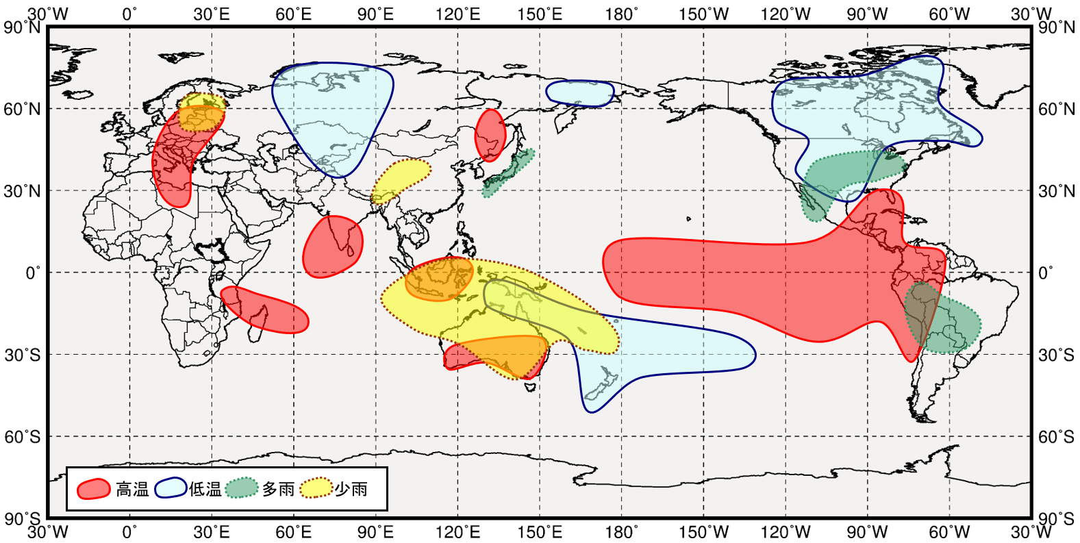 西太平洋熱帯域が低温の時の世界の９月から１１月にかけての気温と降水量の傾向の分布図
