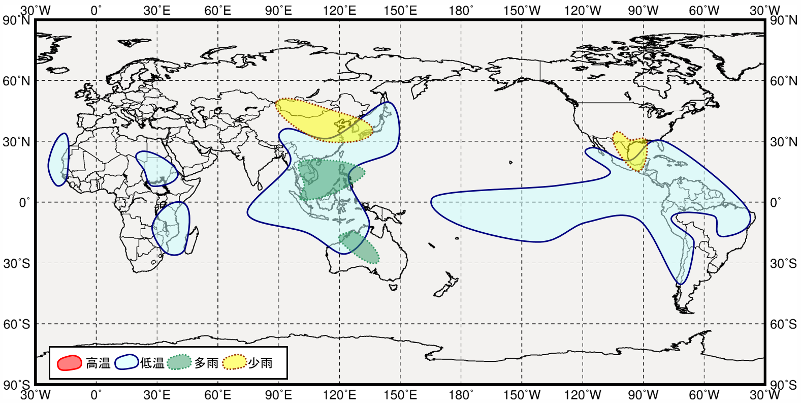 西太平洋熱帯域が高温時の世界の3月から5月にかけての気温と降水量の傾向の分布図