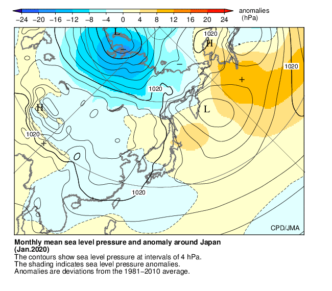 月平均海面更正気圧・偏差分布図