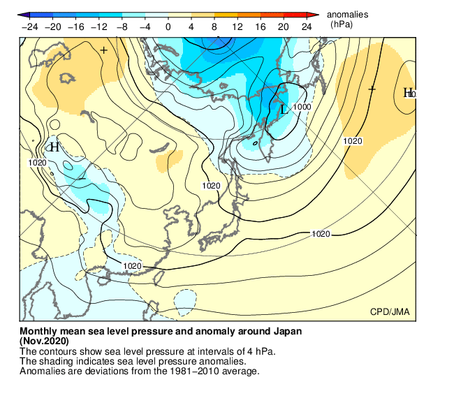 月平均海面更正気圧・偏差分布図