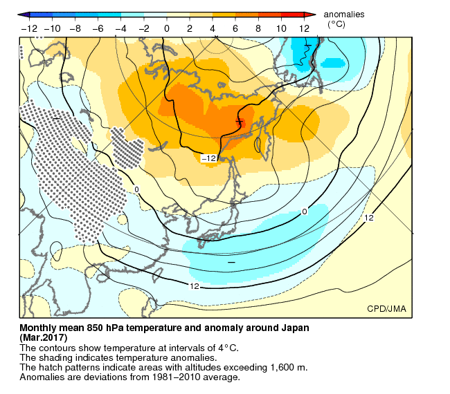 月平均850hPa気温・偏差分布図