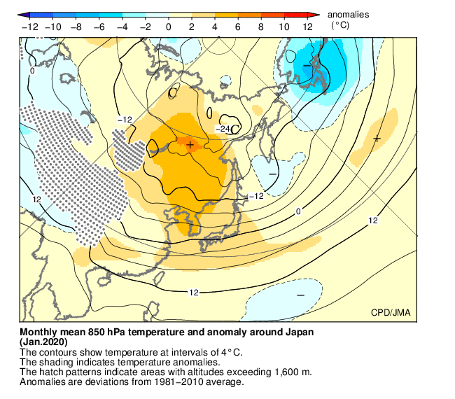 月平均850hPa気温・偏差分布図