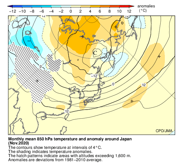 月平均850hPa気温・偏差分布図